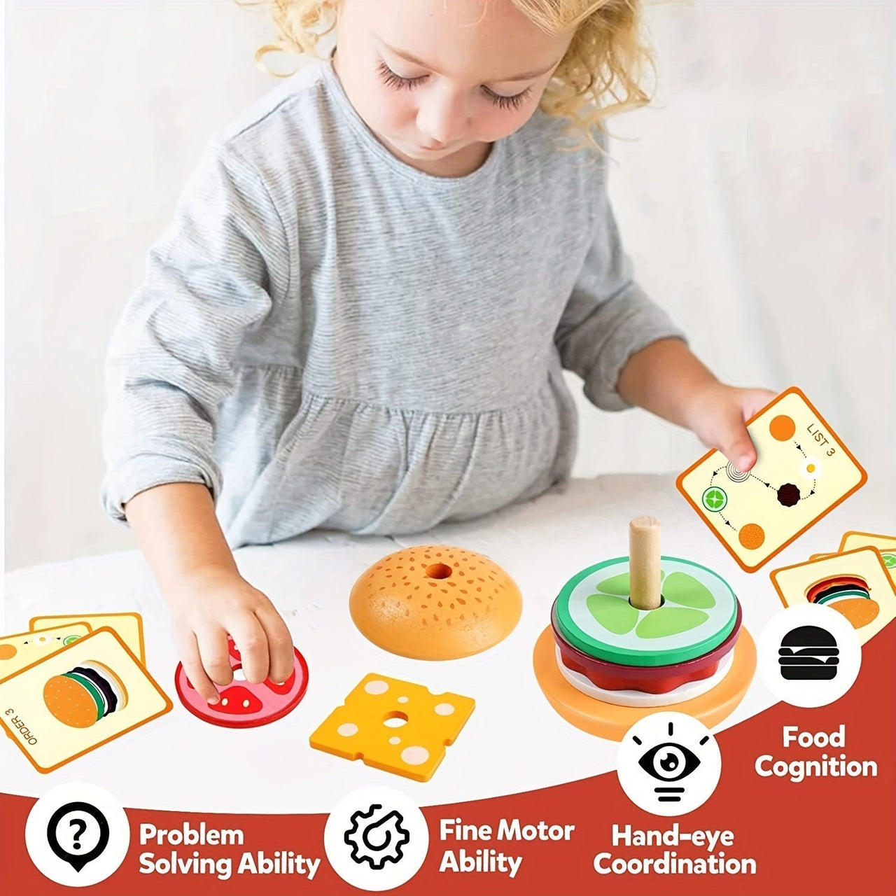Toystar BurgerStack | Playful learning to stack - Montessori wooden hamburger set - Speels leren stapelen - Montessori hou...