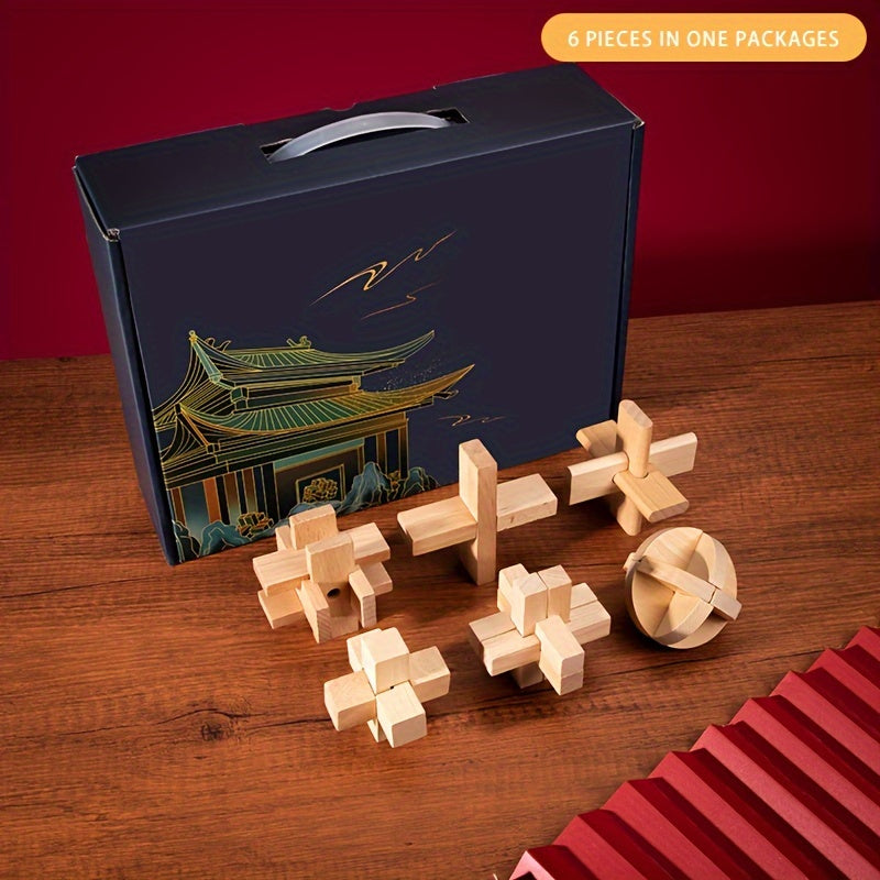 Toystar NL EcoToys BrainBlocks | Wooden Brainteaser Set with 6 Challenging Kongming Slot Puzzles for All Levels - Houten B...