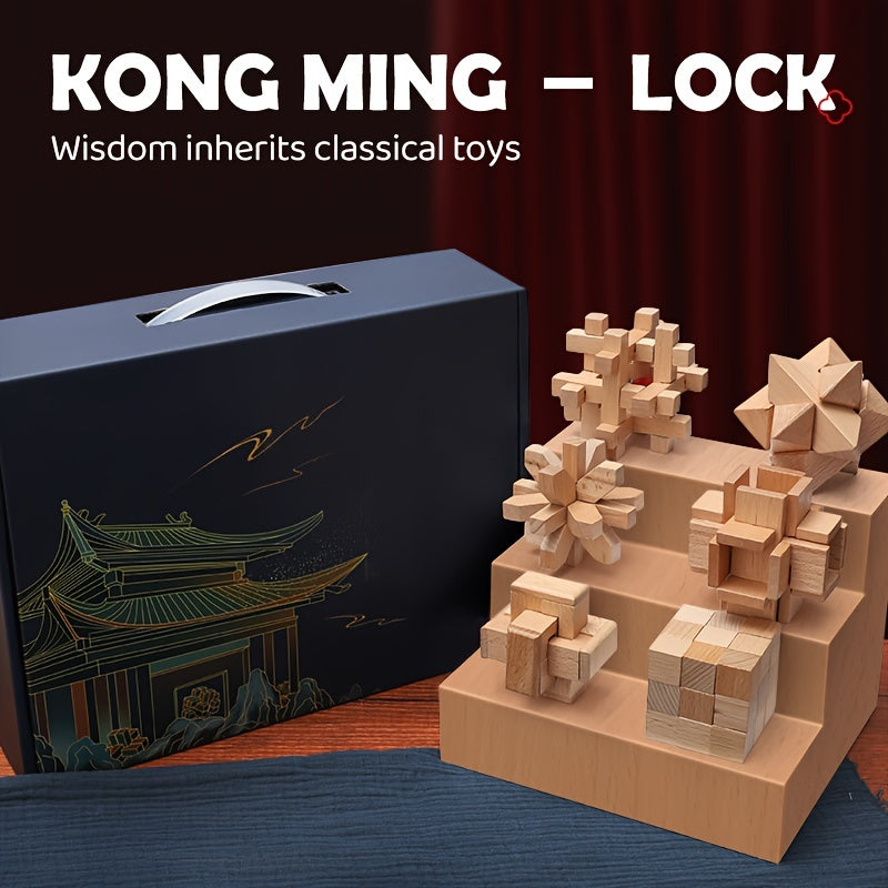 Toystar NL EcoToys BrainBlocks | Wooden Brainteaser Set with 6 Challenging Kongming Slot Puzzles for All Levels - Houten B...