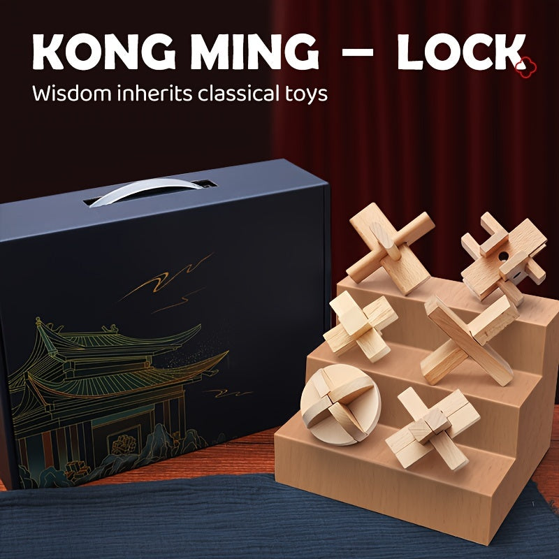 Toystar NL EcoToys BrainBlocks | Wooden Brainteaser Set with 6 Challenging Kongming Slot Puzzles for All Levels - Houten B...