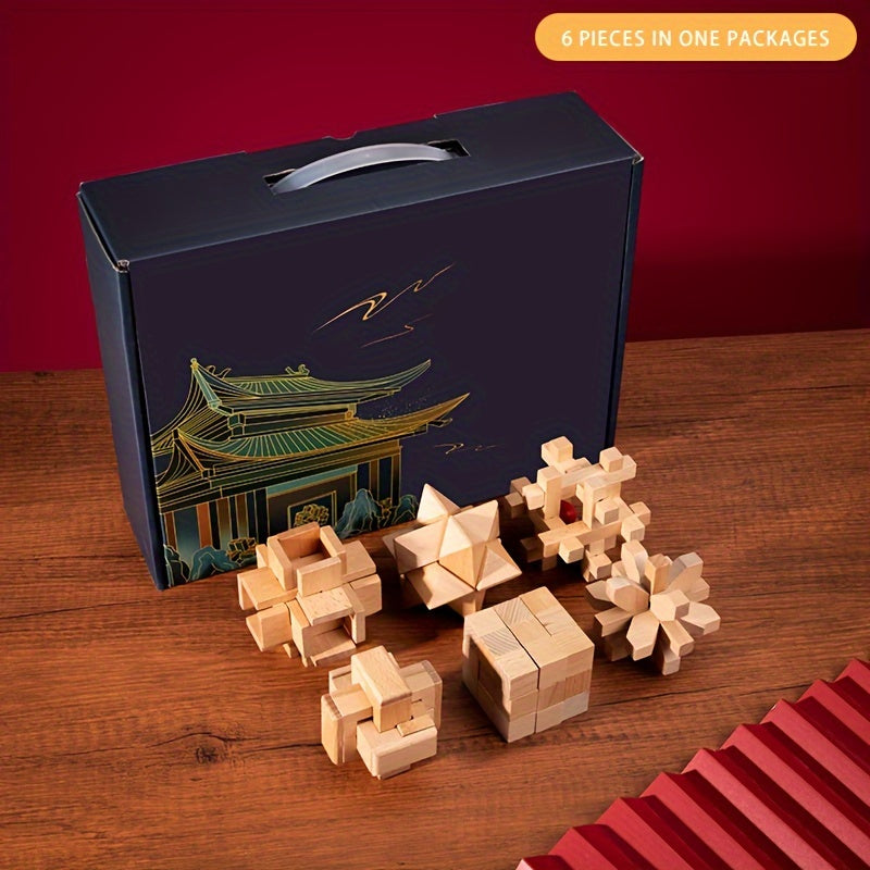 Toystar NL EcoToys BrainBlocks | Wooden Brainteaser Set with 6 Challenging Kongming Slot Puzzles for All Levels - Houten B...