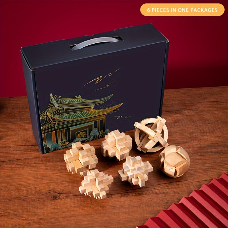 Toystar NL EcoToys BrainBlocks | Wooden Brainteaser Set with 6 Challenging Kongming Slot Puzzles for All Levels - Houten B...