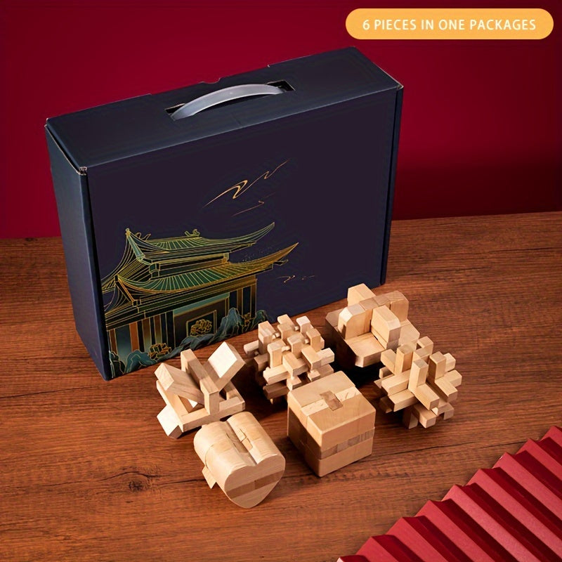 Toystar NL EcoToys BrainBlocks | Wooden Brainteaser Set with 6 Challenging Kongming Slot Puzzles for All Levels - Houten B...