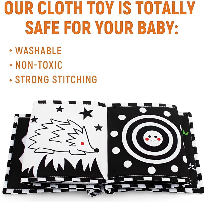 Montessori Baby Sensory Book van Zacht Polyester met Hoge Contrastpatronen en Babyveilige Spiegel voor 0-12 Maanden 4