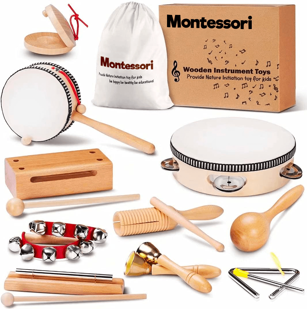 Montessori Houten Muziekinstrumenten Set voor Kinderen met 10 Veiligheidsspeelgoed voor Muzikale Ontwikkeling 0