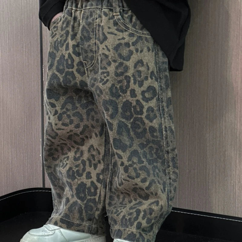 Leopard Print Jeans for Kids – Black Cotton, Comfortable and Stylish