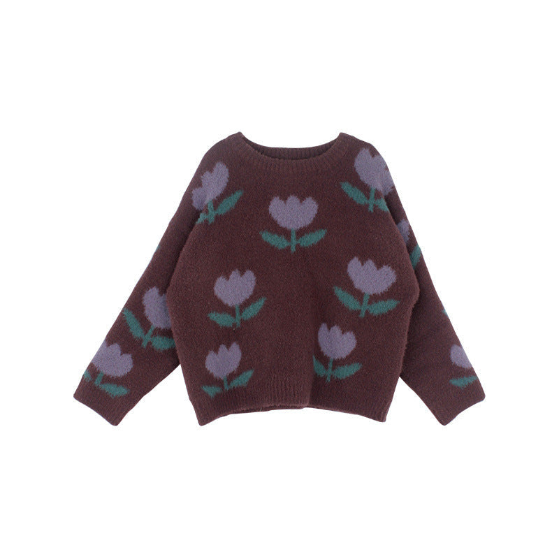 Tulip Sweater for Girls – Brown Cotton, Comfortable and Breathable