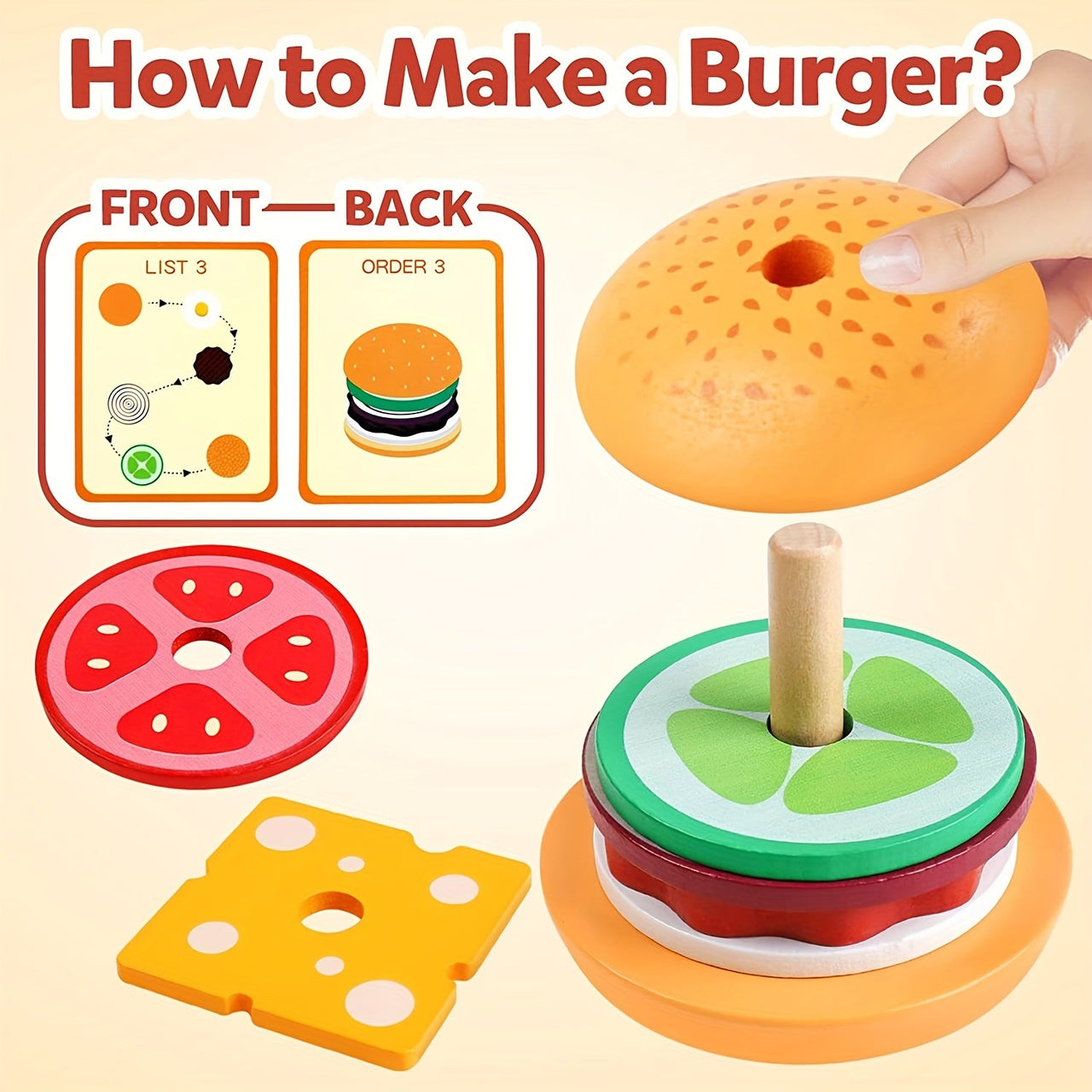 Toystar BurgerStack | Playful learning to stack - Montessori wooden hamburger set - Speels leren stapelen - Montessori hou...