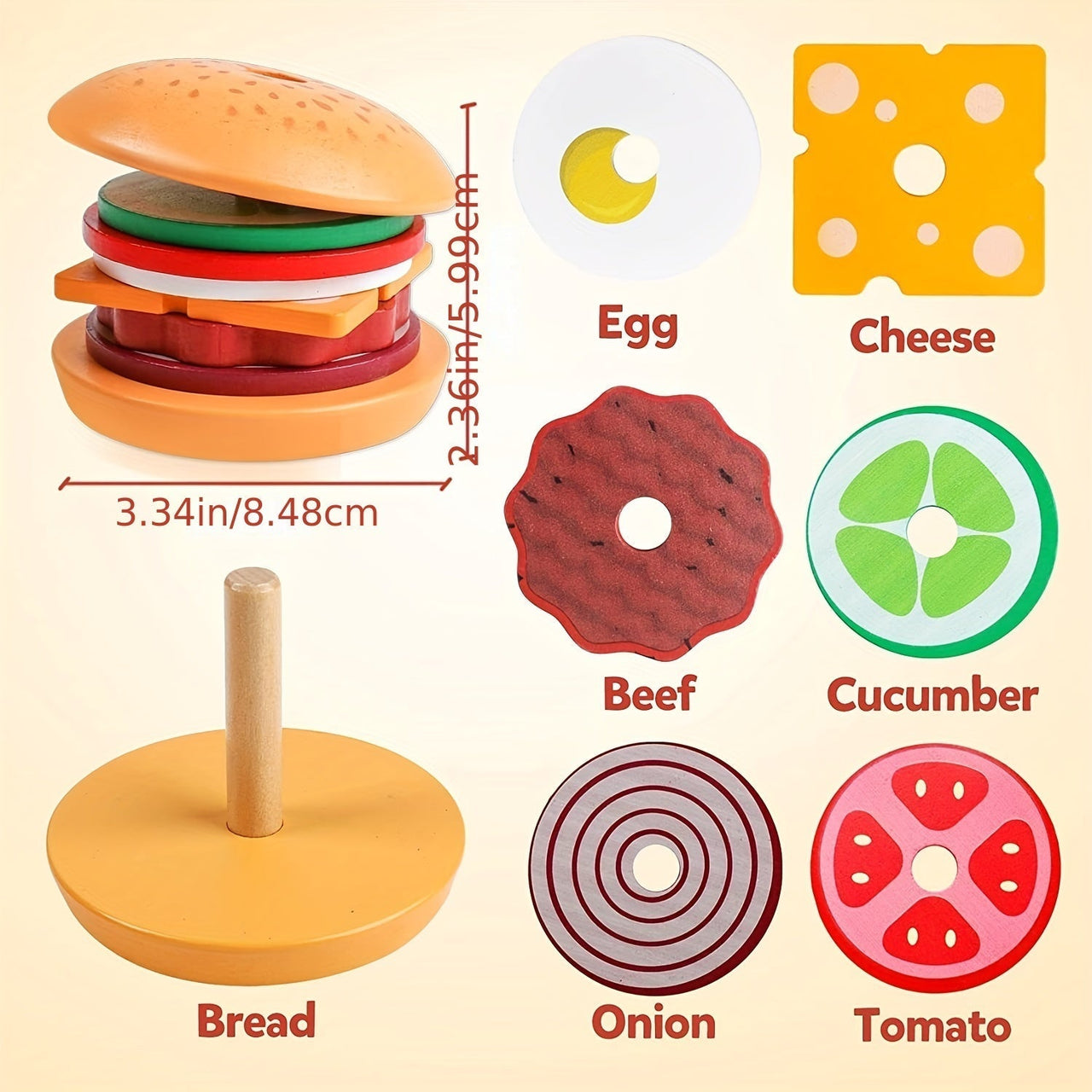 Toystar BurgerStack | Playful learning to stack - Montessori wooden hamburger set - Speels leren stapelen - Montessori hou...