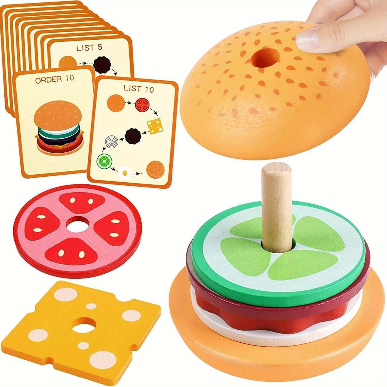 Toystar BurgerStack | Playful learning to stack - Montessori wooden hamburger set - Speels leren stapelen - Montessori hou...